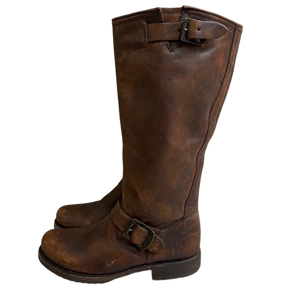 Frye Shoes - FRYE Women's Tall Veronica  Boots Brown Distressed Leather Buckle Moto Size 5.5